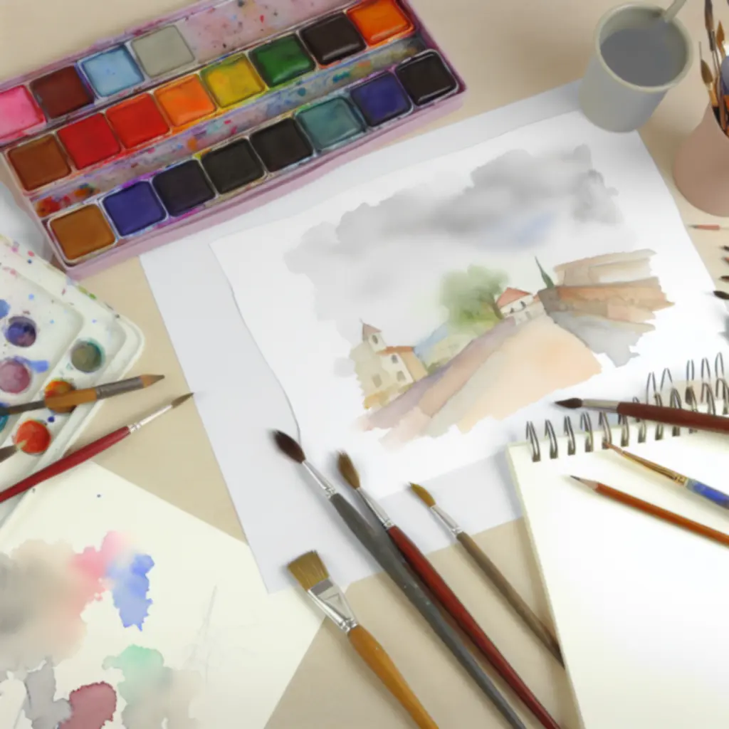 Művészeti kellékek: festékek, ecsetek és papírok