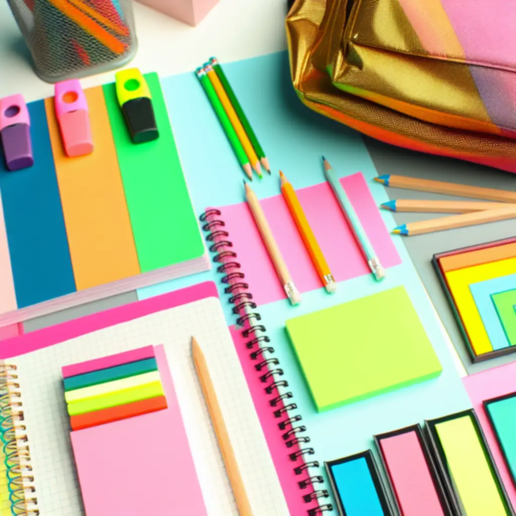 Iskolakezdő alapok: füzetek, tolltartók és színes tollak gondosan elrendezve.