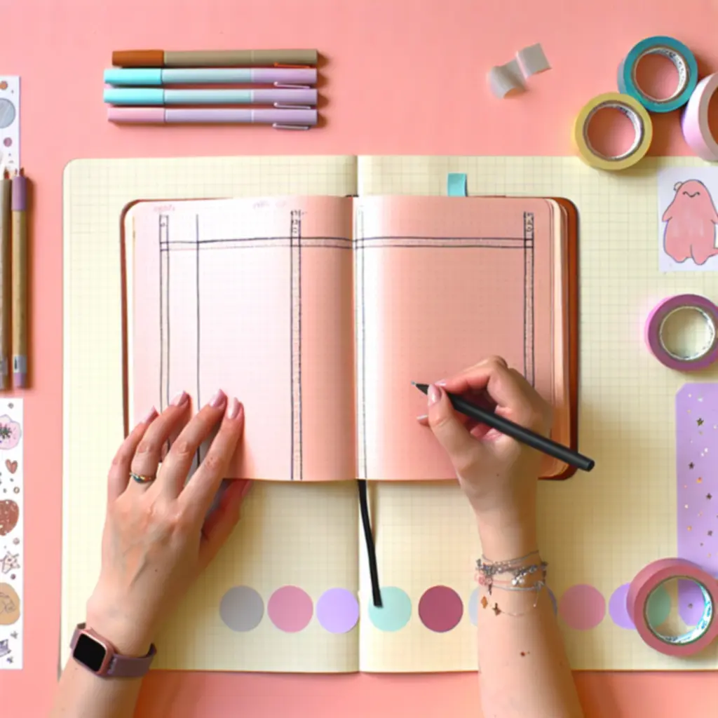 DIY naplózás: filctollak, washi szalagok és nyitott bullet journal egy asztalon.