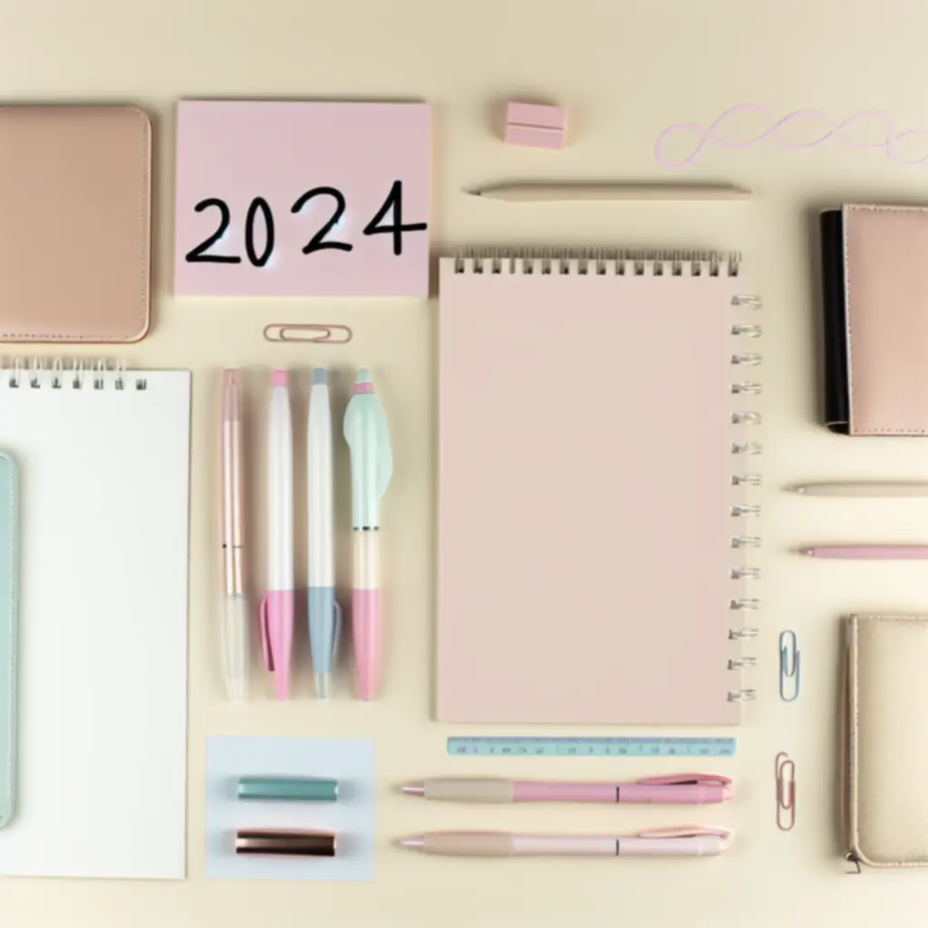 Írószer trendek: pasztell színű tollak, jegyzetfüzetek és kiegészítők flatlay kompozícióban.