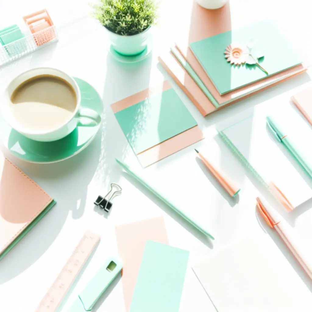 Letisztult, kreatív íróasztal rendezett írószerekkel és jegyzetfüzetekkel
